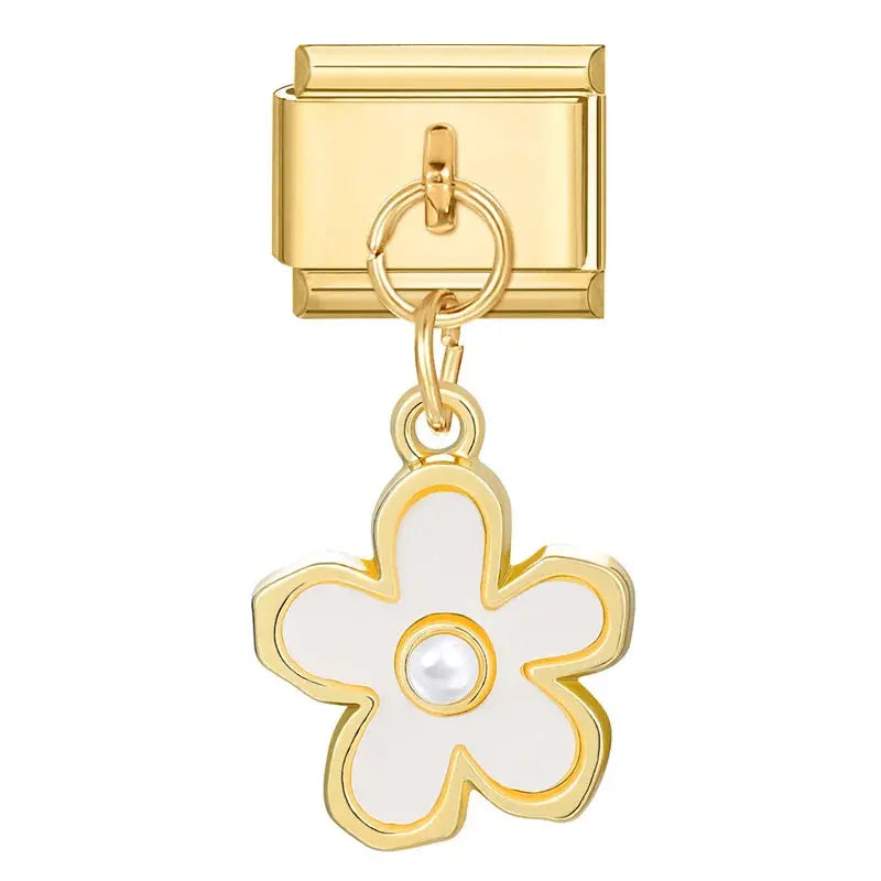 Charm fleur blanche et dorée en acier inoxydable pour bracelet italien Talisame