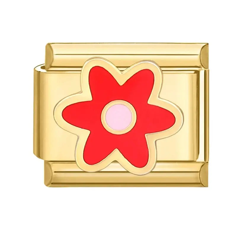Charm fleur rouge et dorée en acier inoxydable pour bracelet italien Talisame